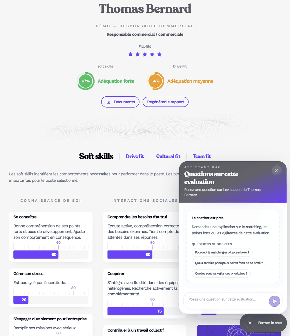 La plateforme Saven : profil démo, scores d'adéquation, quatre fits, assistant de questions sur l'évaluation